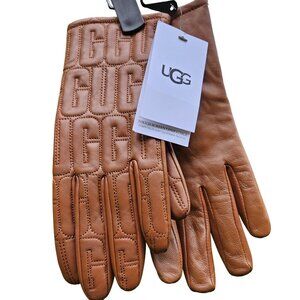 Ugg Womens Quilted Leather Logo Gloves Touchscreen Compatibe In Chestnut Size M